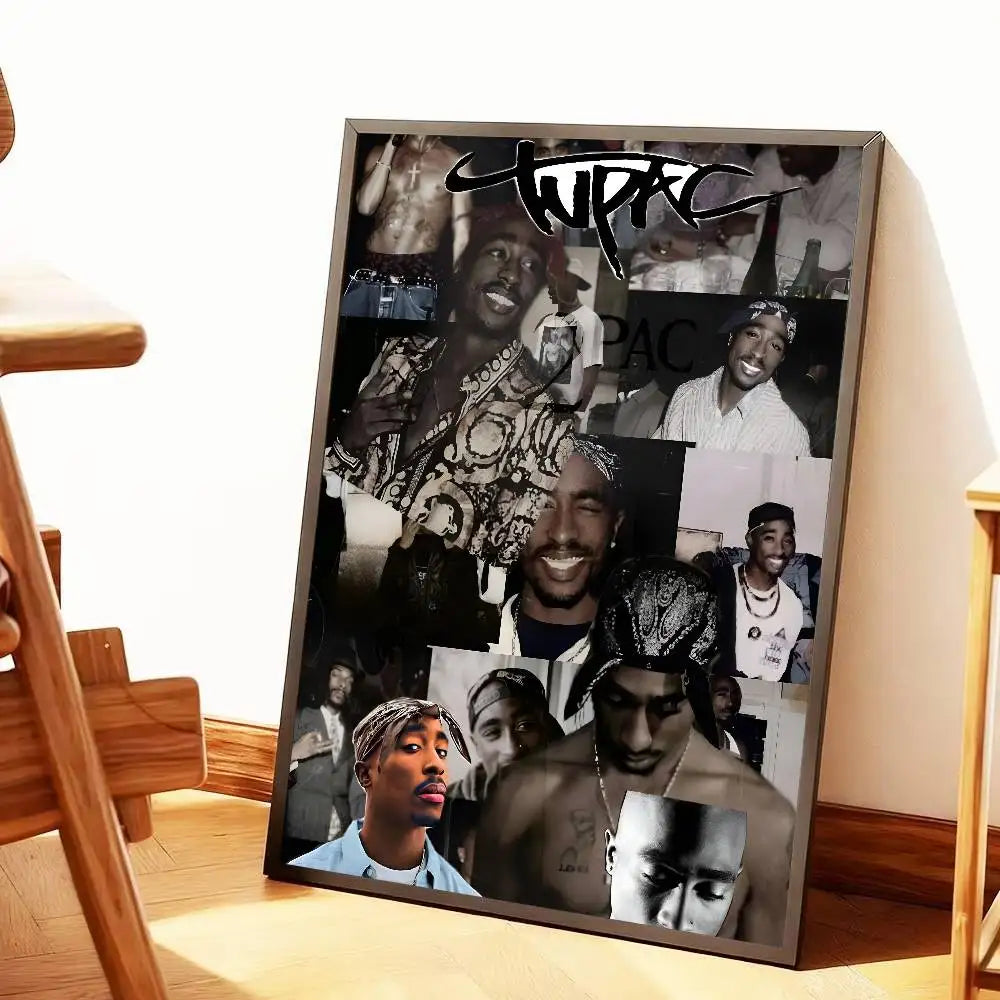 Black and white hip hop poster of tupac amaru shakur with stylized 2pac logo and dark border for home decor gift