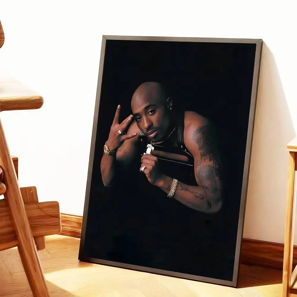 Black-framed portrait print of tupac shakur in a dark high-contrast photograph for hip hop home decor gift