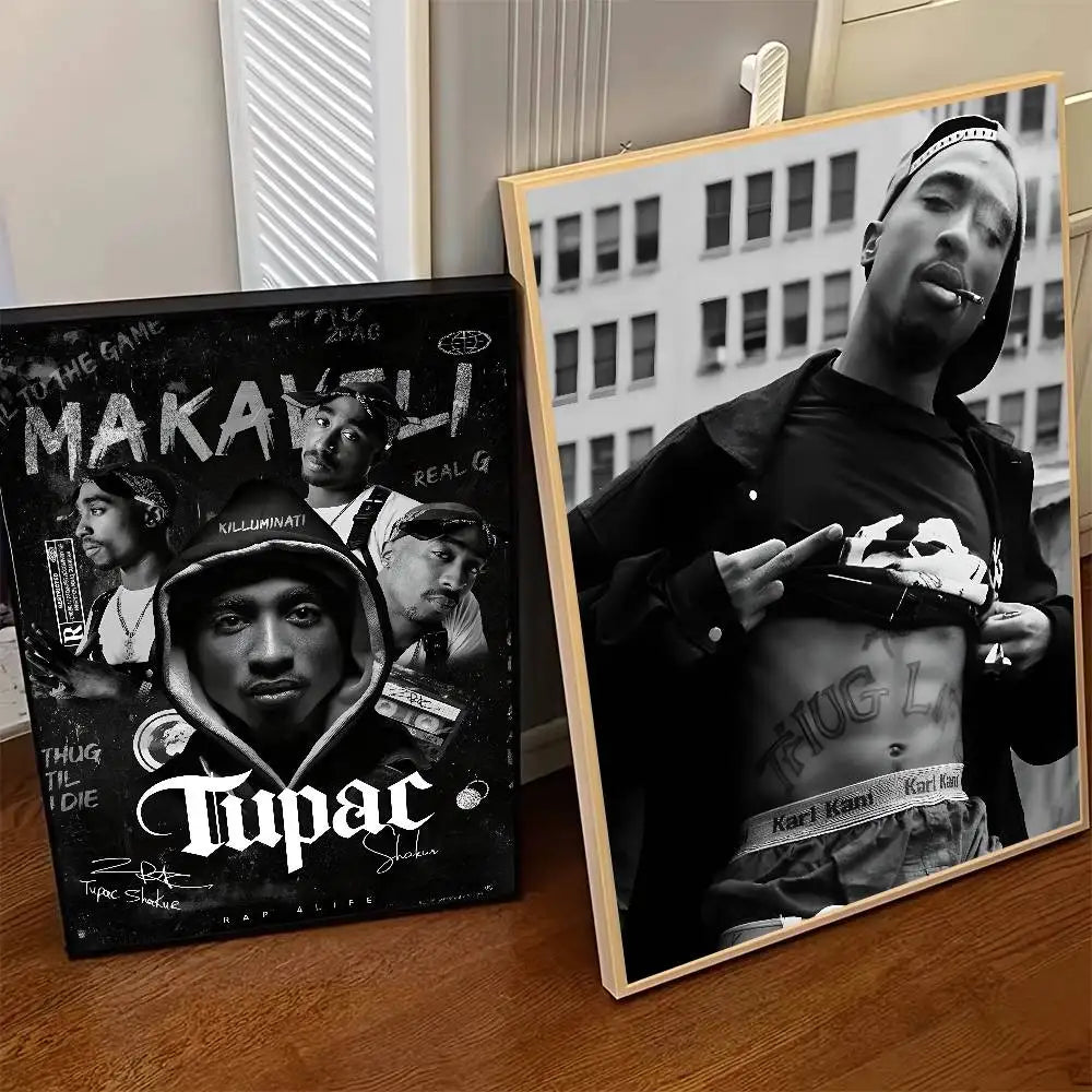 Black and white framed hip hop tupac amaru shakur poster art with killuminati text for home bedroom decor gift