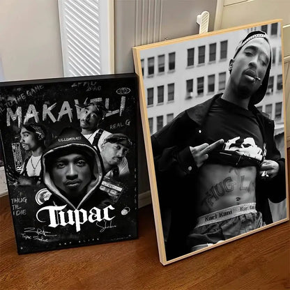 Black and white framed hip hop tupac amaru shakur poster art with killuminati text for home bedroom decor gift