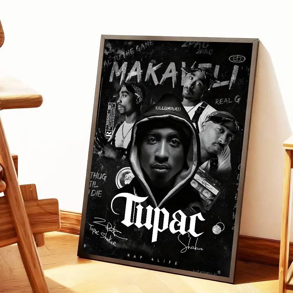 Black and white framed tupac amaru shakur poster with graffiti text signatures and central hoodie portrait for home decor