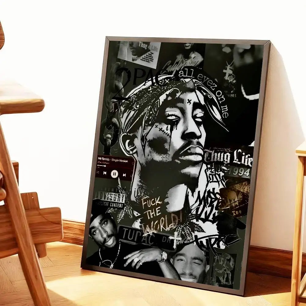 Black and white framed hip hop poster featuring tupac 2pac and notorious big with all eyez on me and thug life text