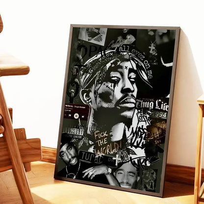 Black and white framed hip hop poster featuring tupac 2pac and notorious big with all eyez on me and thug life text