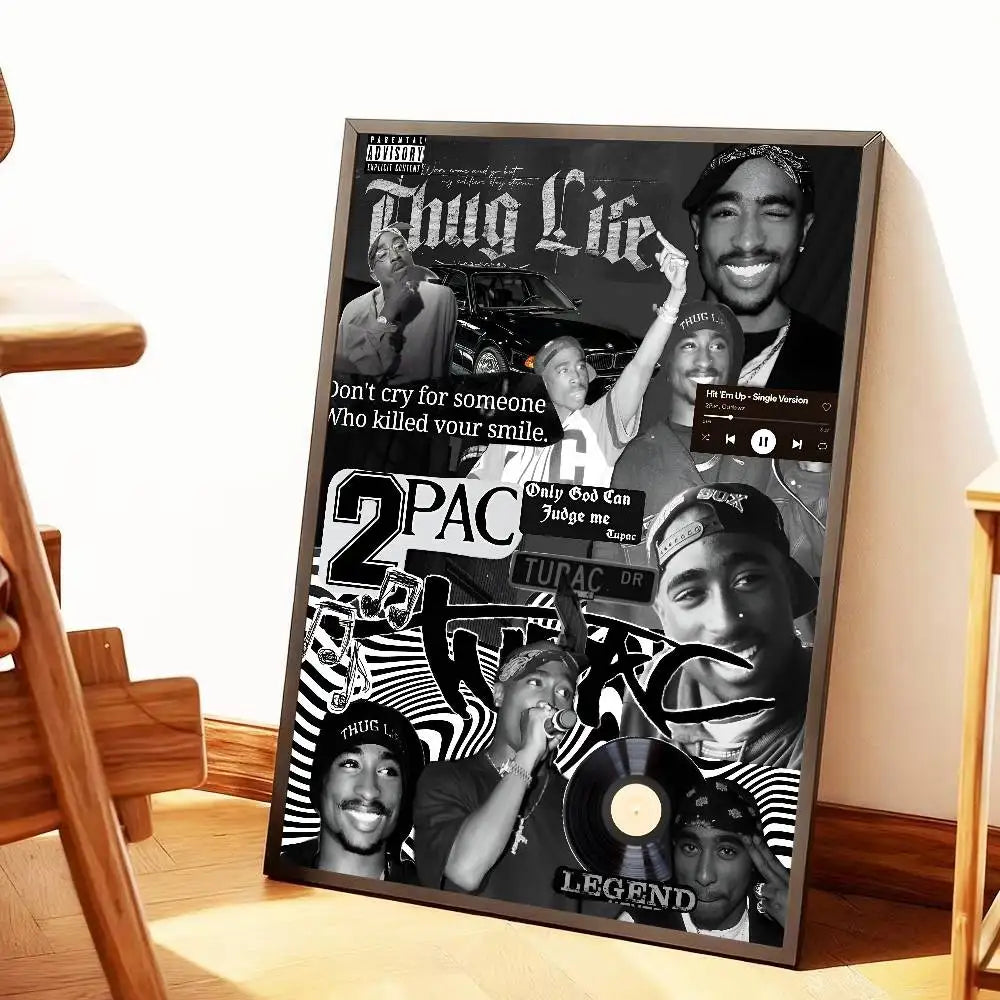 Black and white framed hip hop tupac amaru shakur poster featuring collage and album art for home decor gift