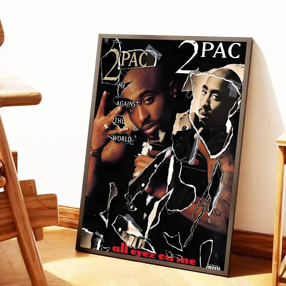 Black and white framed hip hop poster featuring collage style 2pac portrait with torn paper effects and all eyez on me text