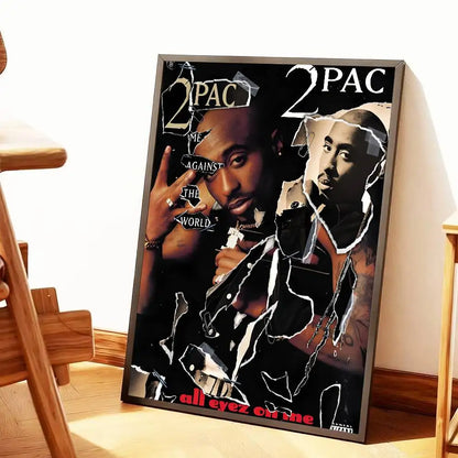 Black and white framed hip hop poster featuring collage style 2pac portrait with torn paper effects and all eyez on me text