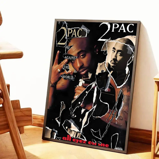 Black and white framed hip hop poster featuring collage style 2pac portrait with torn paper effects and all eyez on me text