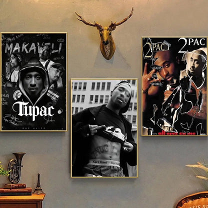 Black and white framed hip hop tupac amaru shakur poster art for home bedroom living room decoration gift