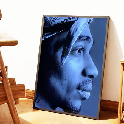 Blue-toned framed hip hop poster of tupac amaru shakur in profile wearing a patterned bandana for home decor