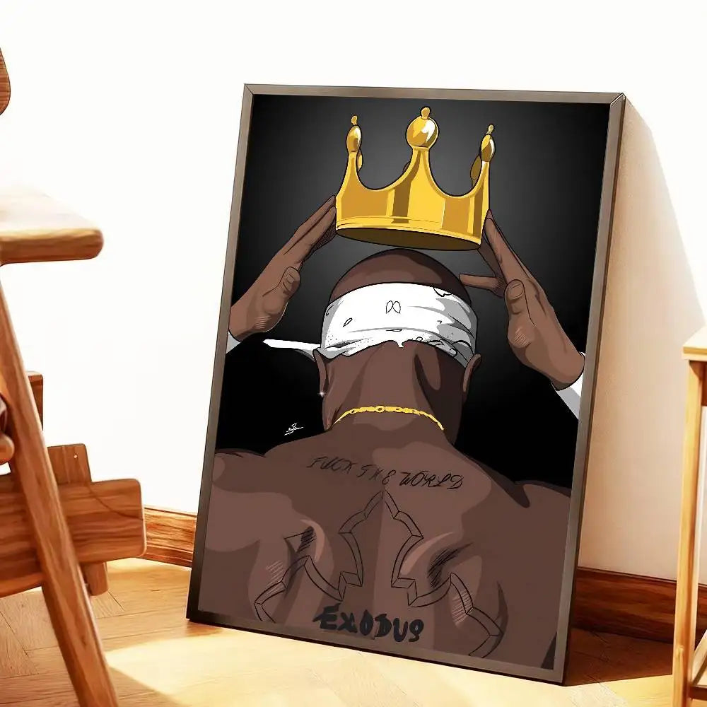 A framed hip hop Tupac Amaru Shakur poster featuring bold black and gold stylized crown illustration for home decor