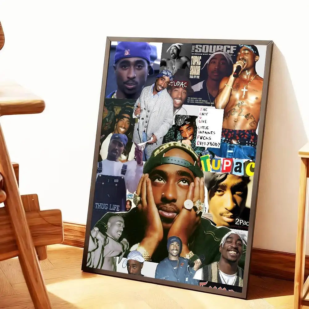 A framed hip hop tupac amaru shakur poster featuring colorful collage prints for home bedroom living room decoration gift