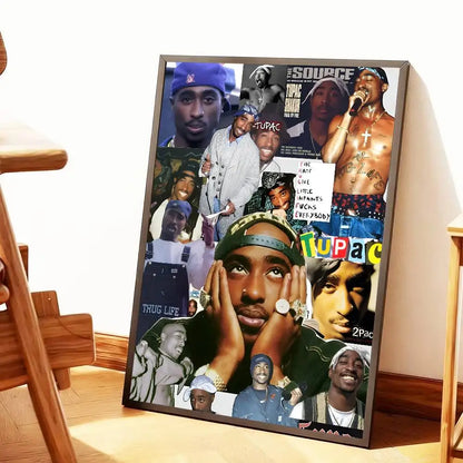 A framed hip hop tupac amaru shakur poster featuring colorful collage prints for home bedroom living room decoration gift