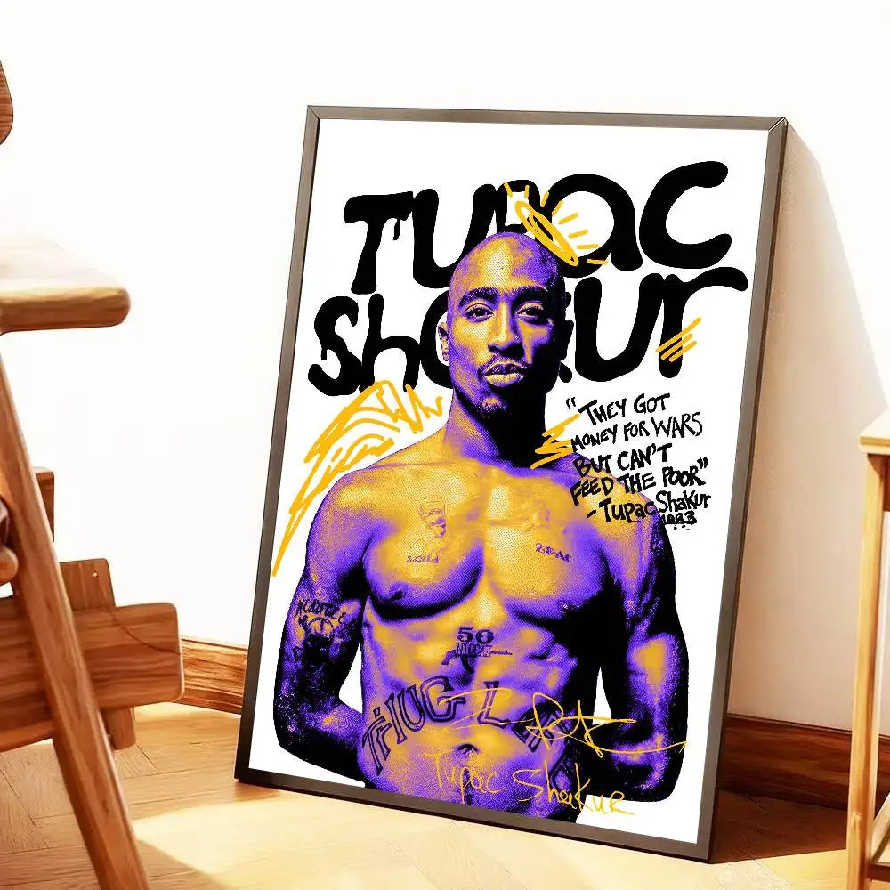 A framed hip hop tupac amaru shakur poster art with purple and yellow stylized portrait for home decor gift