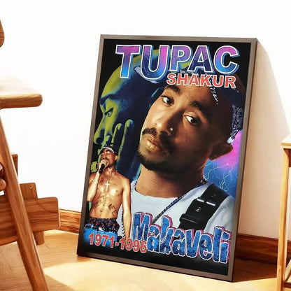 A framed hip hop t tupac amaru shakur poster art with vibrant stylized design and bold gradient text makaveli title