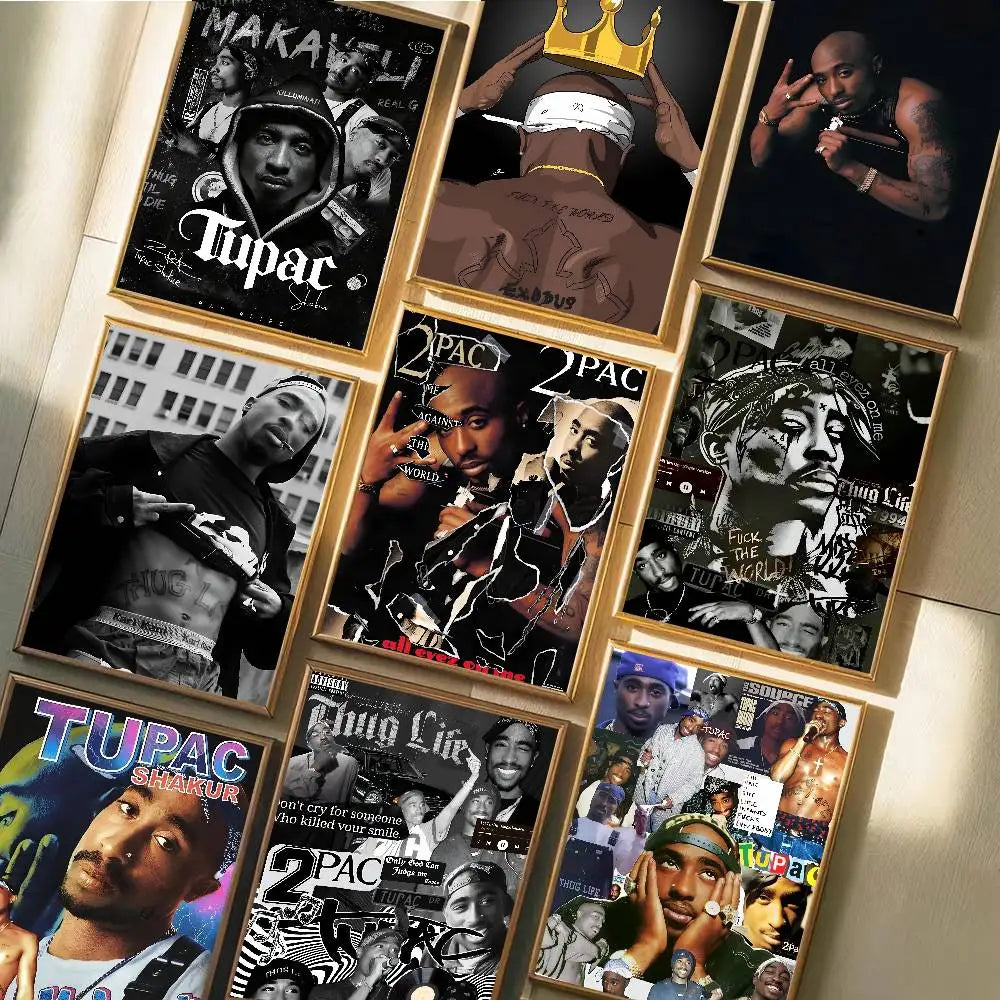 Gold-framed hip hop tupac amaru shakur posters with black and white and color prints for home bedroom decor gift