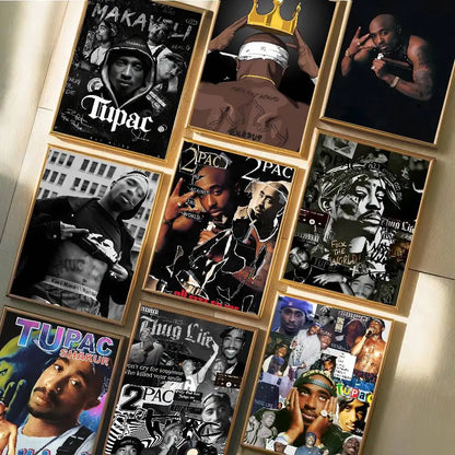Gold-framed hip hop tupac amaru shakur posters with black and white and color prints for home bedroom decor gift