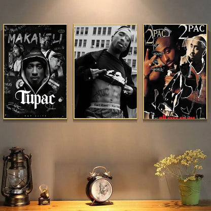 Three framed black and white tupac amaru shakur posters with gold frames for hip hop bedroom living room decor gift