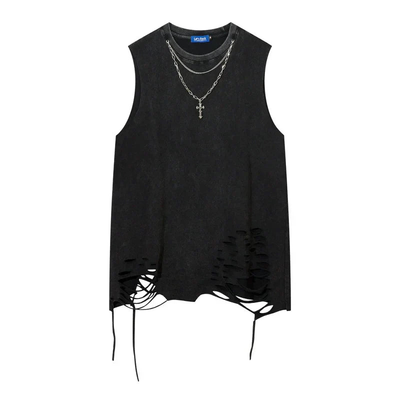 Black vintage washed sleeveless hip hop tank with distressed hole harajuku dancing details and drawstrings at hem