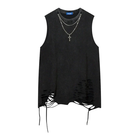 Black vintage washed sleeveless hip hop tank with distressed hole harajuku dancing details and drawstrings at hem