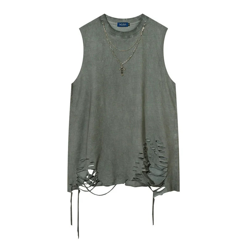 Distressed olive green hip hop tank with vintage washed sleeveless design hole harajuku dancing style and frayed hem ties