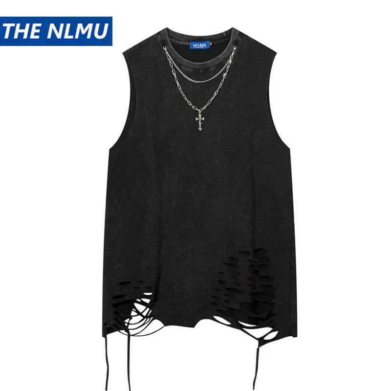 Black vintage washed sleeveless hip hop tank top with distressed frayed hem and drawstrings for hole harajuku dancing