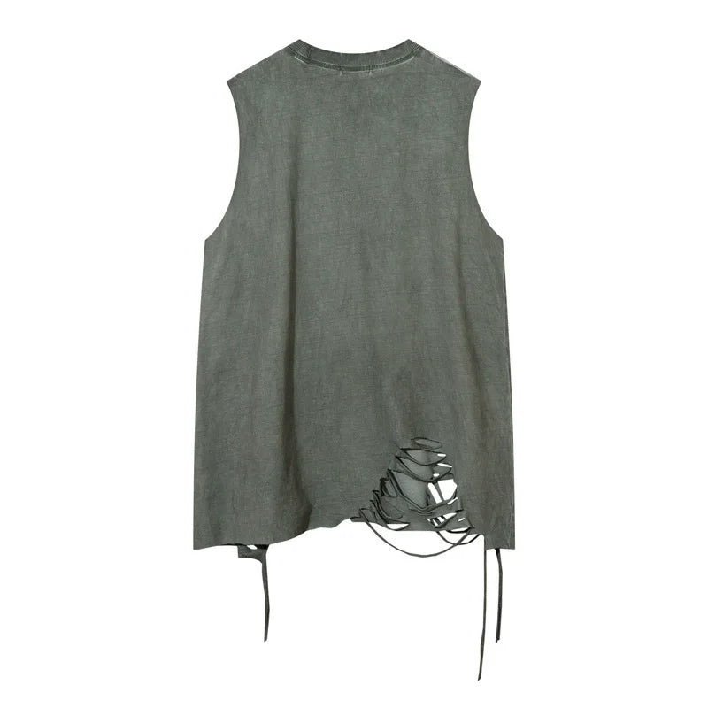 Dark gray hip hop tank with vintage washed sleeveless design and distressed lace-up hem for hole harajuku dancing style