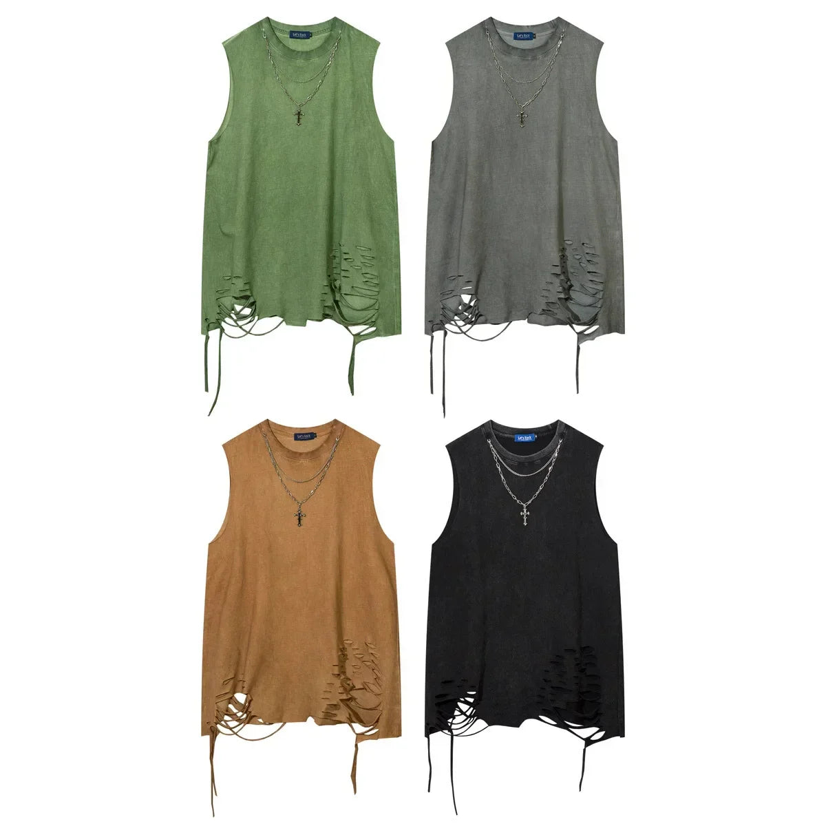 Four distressed vintage washed sleeveless hip hop tank tops in olive, gray, tan, and black with cross necklaces