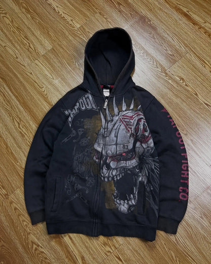 Black y2k sweatshirt oversized zip-up hoodie with mechanical spiked skull graphic and tapout zipper hoodies text on sleeve