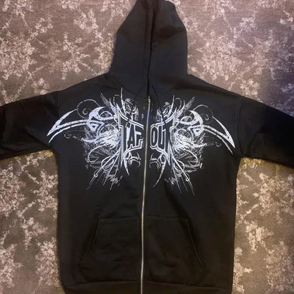 Black tapout zipper hoodie with white i am out graphic wings and swirls y2k sweatshirt oversized skull pattern jacket