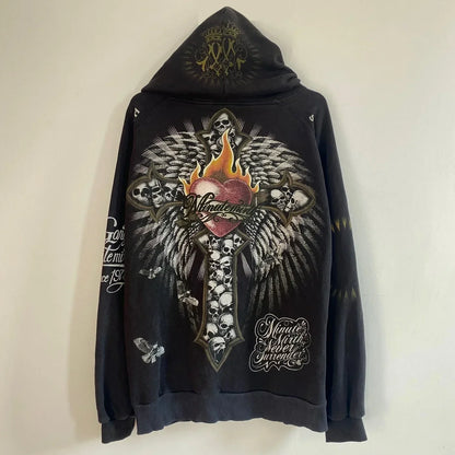 Black y2k sweatshirt oversized hoodie with tapout zipper skull pattern jacket featuring flaming heart graphic and wings