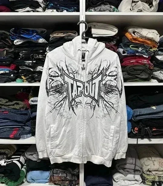 White tapout zipper hoodie with black mechanical skull design oversized jacket streetwear men women clothes y2k