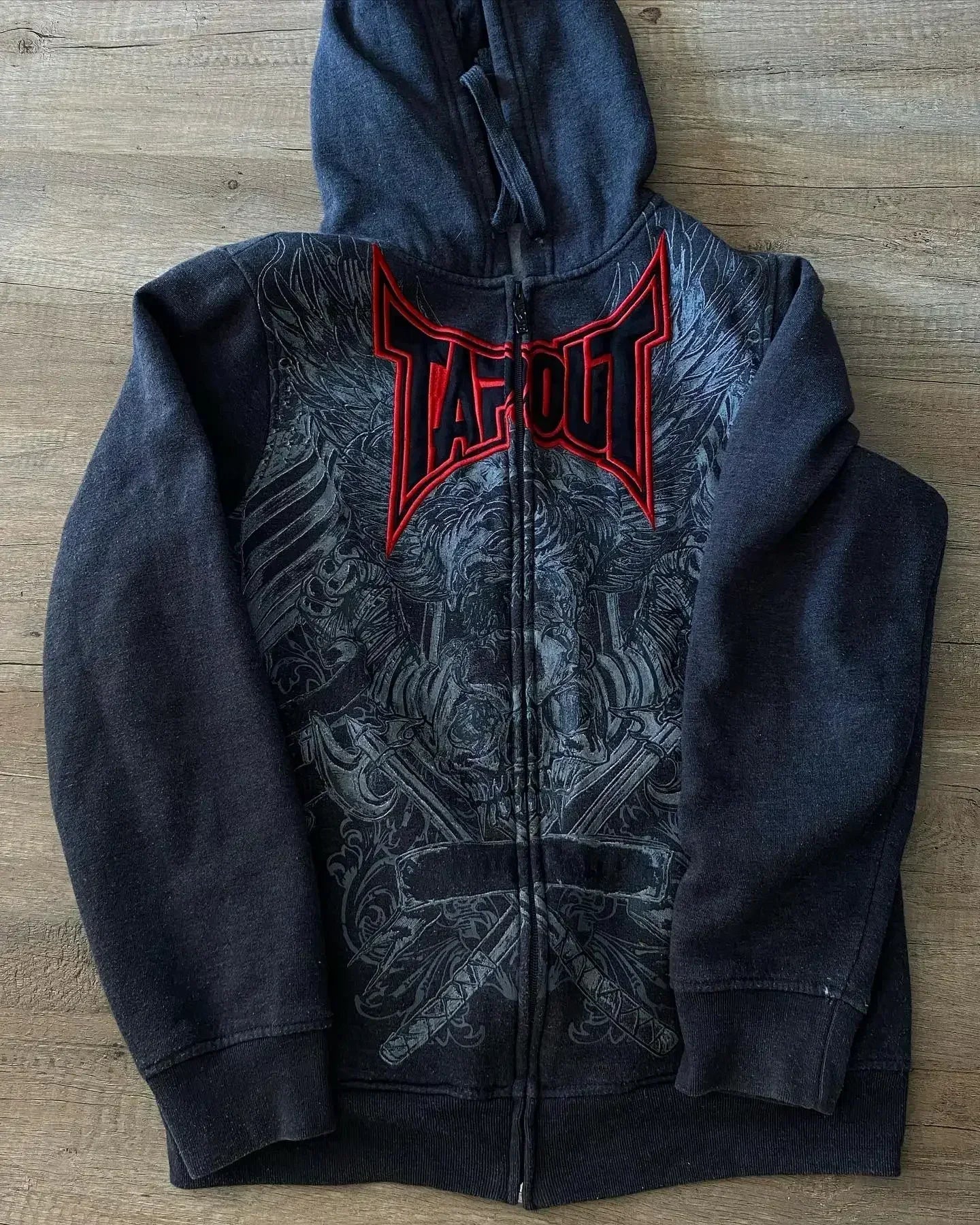 Dark gray tapout zipper hoodie with red logo black wings and crossed swords graphic for jacket streetwear men women clothes y2k
