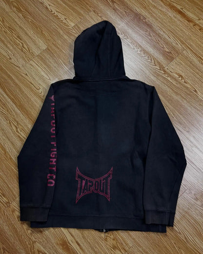 Black tapout zipper hoodie with red embroidery and vertical text on sleeve ideal for jacket streetwear men and women clothes y2k