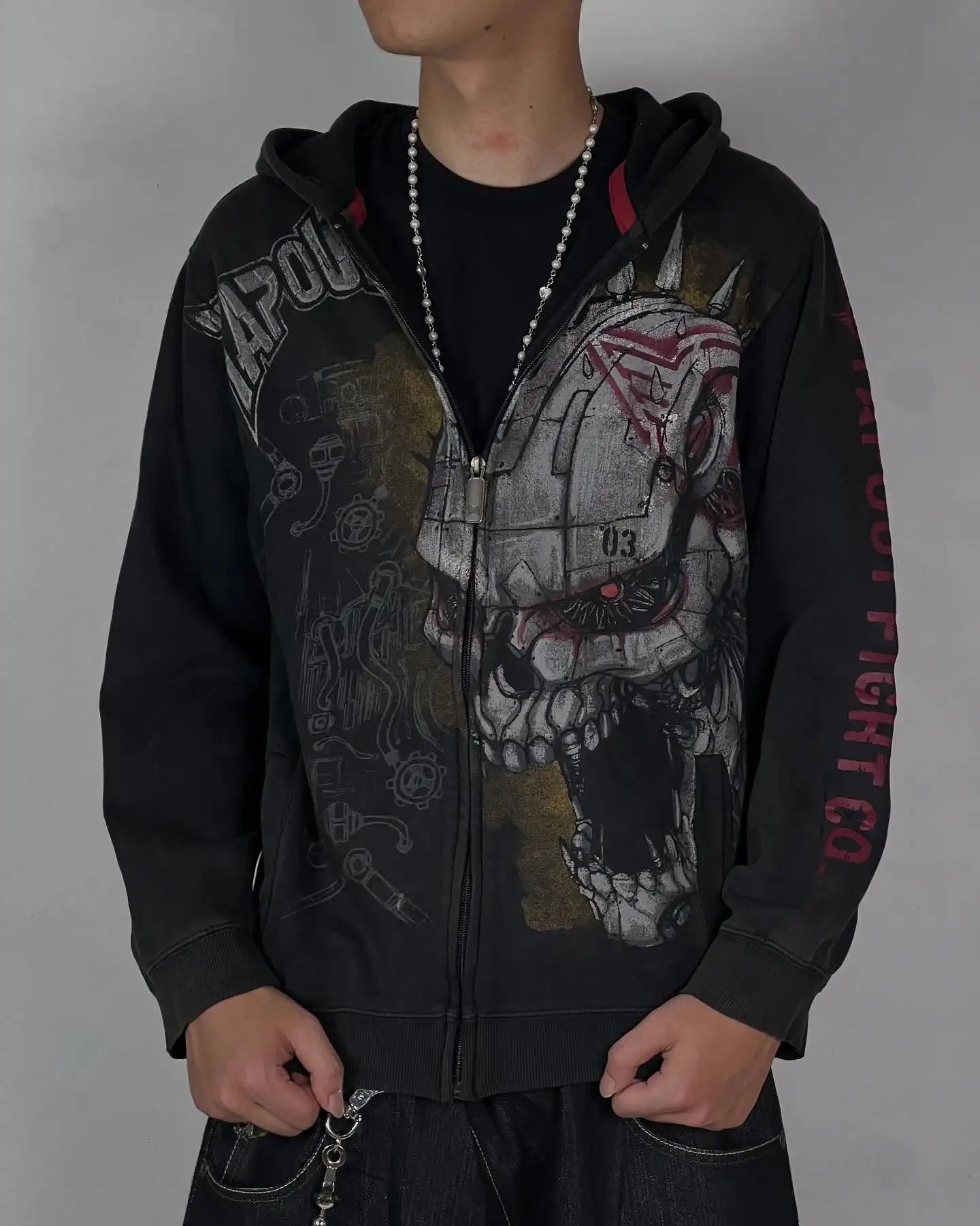 Black zip-up tapout zipper hoodie featuring a distressed mechanical skull pattern with red accents for jacket streetwear men and women clothes y2k