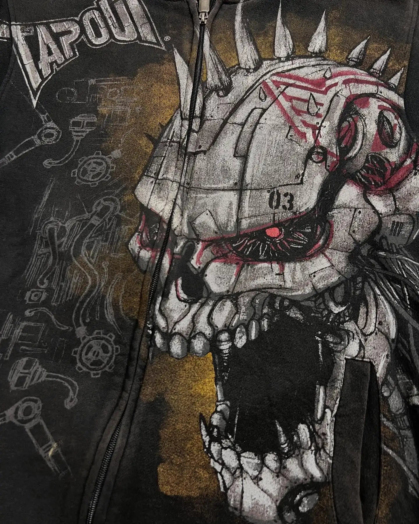 Black oversized y2k sweatshirt with tapout zipper hoodies featuring a mechanical skull pattern jacket design