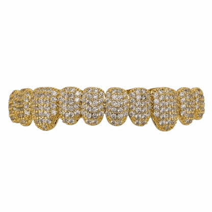 Gold-colored hip hop teeth grillz set removable design with dense pavé rhinestone hollow charm stones top and bottom