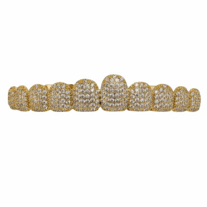 Gold-colored teeth grillz rhinestone set with dense pavé cubic zirconia stones removable top and bottom design