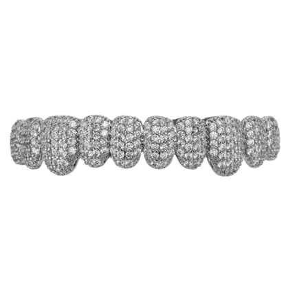 A dazzling silver teeth grillz rhinestone set with removable top and bottom design featuring rhinestone hollow charm