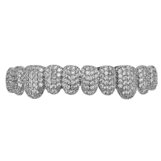 A dazzling silver teeth grillz rhinestone set with removable top and bottom design featuring rhinestone hollow charm