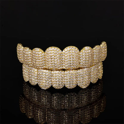 Gold-plated hip hop teeth grillz set with removable design and dense pavé rhinestone hollow charm stones