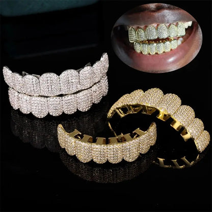 Iced-out silver and gold teeth grillz rhinestone set removable top and bottom with rhinestone hollow charm design