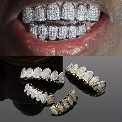 Icy silver and gold-plated teeth grillz rhinestone set removable design with rhinestone hollow charm for hip hop style