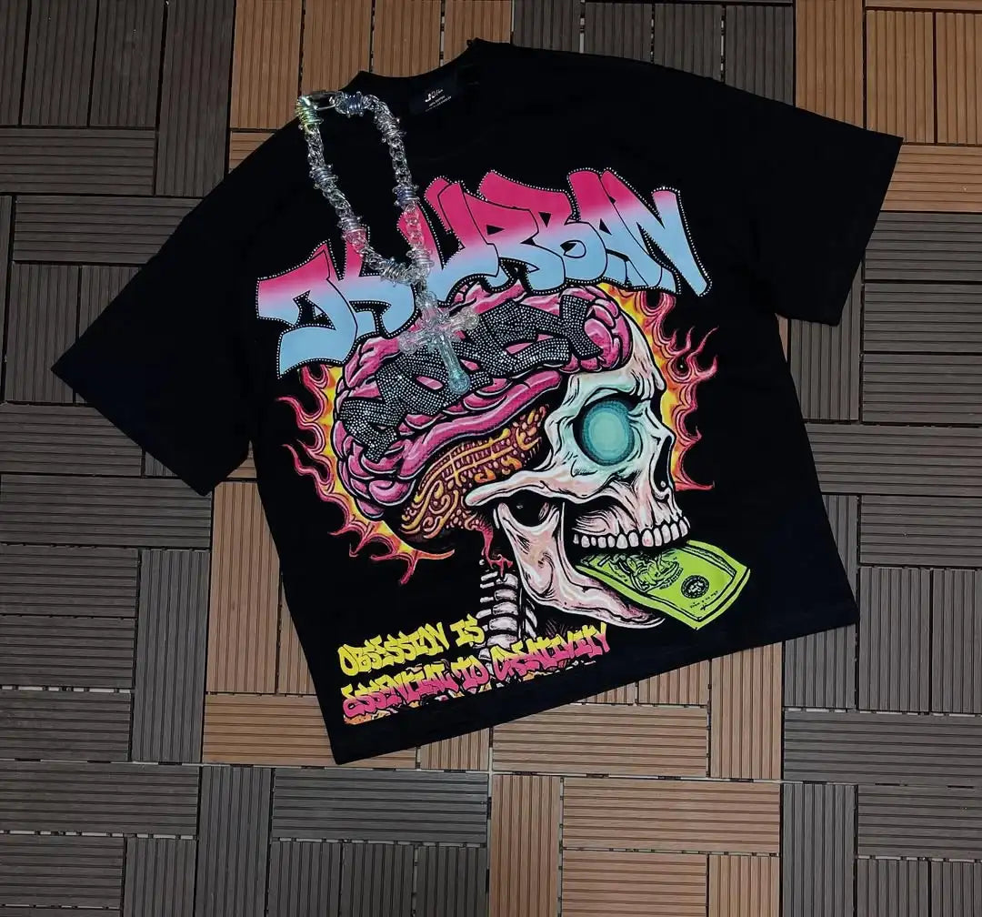 Black short-sleeved t-shirt with vibrant graffiti skull and flames print featuring dubban text, high quality y2k hip hop trend design