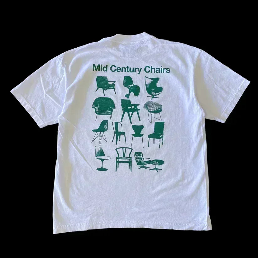 White high quality y2k round neck t-shirt with a green mid-century modern chair graphic on the back in hip hop trend style