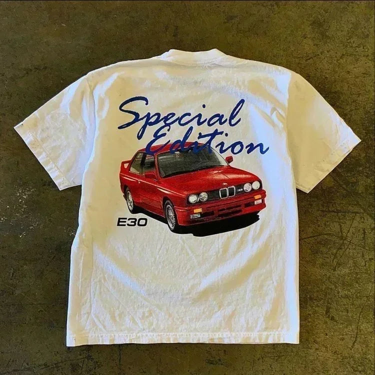 White cotton t-shirt with red bmw e30 graphic and special edition text featuring cool design sense hip hop trend high quality y2k
