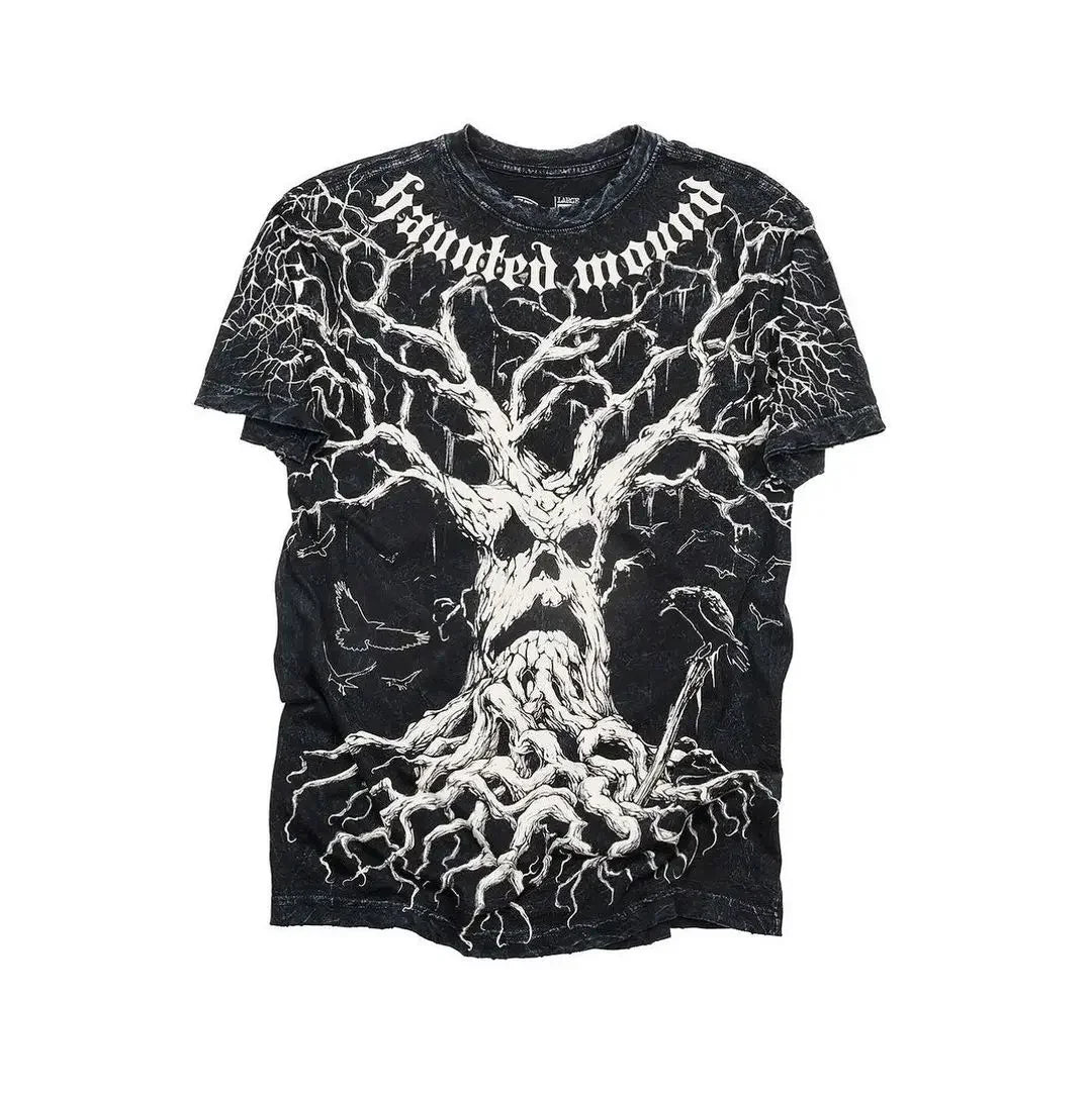 Black short-sleeved high quality y2k t-shirt with cool design sense skull tree graphic for hip hop trend style