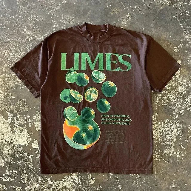 Brown cotton t-shirt with vibrant green limes graphic and nutritional text featuring high quality y2k hip hop trend design