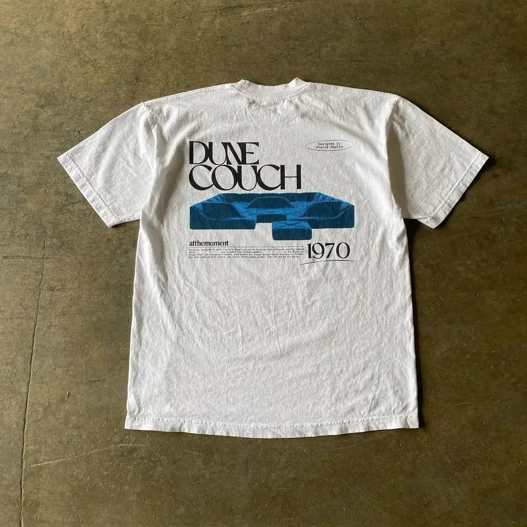 White cotton high quality y2k t-shirt with bold blue dune couch graphic and black hip hop trend text print