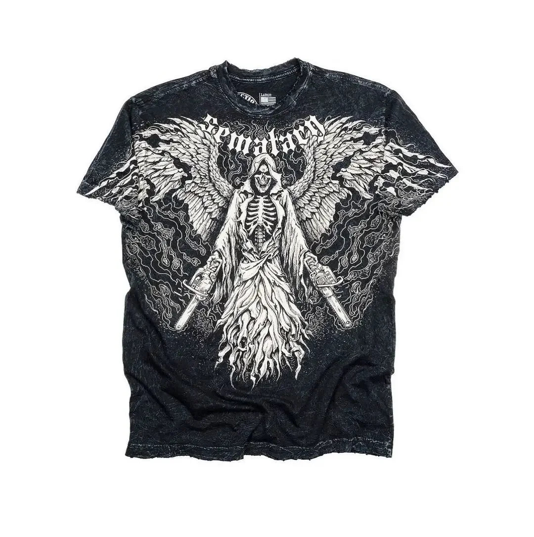 Black distressed t-shirt with detailed white angelic skeleton graphic and swords designed by sombra high quality y2k hip hop trend