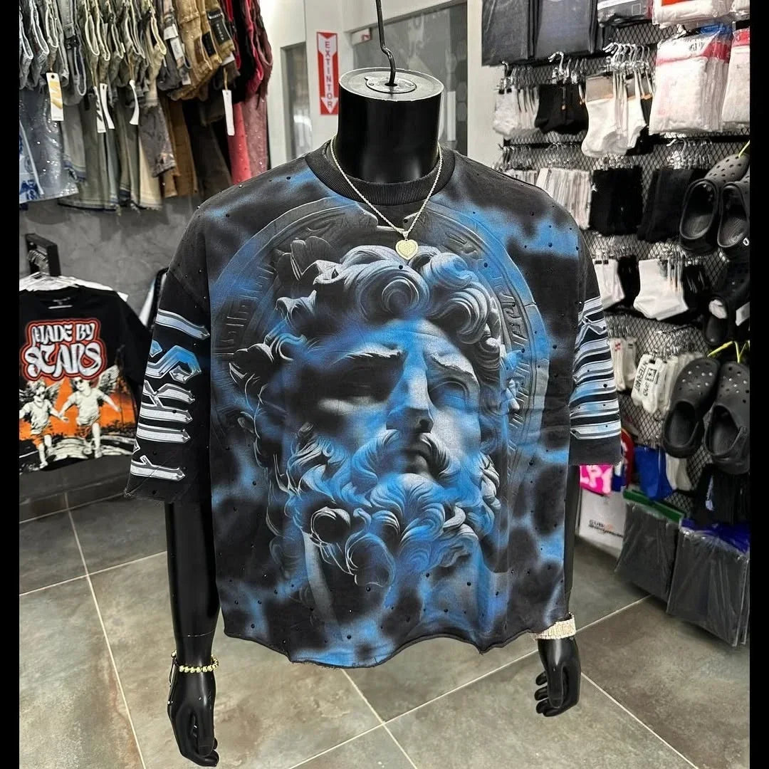 Black long-sleeved sweatshirt with bold blue and gray classical face print and perforated sleeves in high quality y2k hip hop trend style